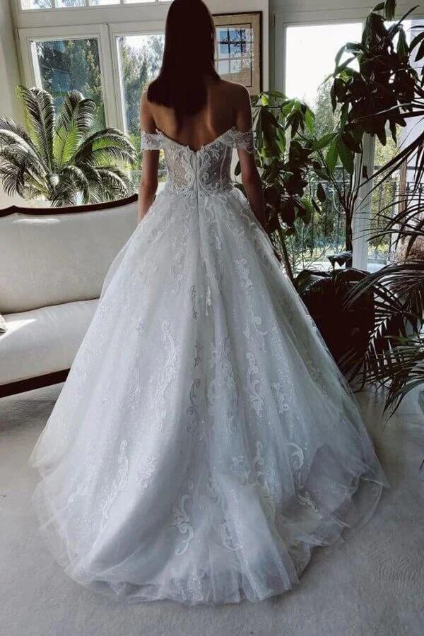 Vestido de novia NumberSea de tul, corte A, hombros descubiertos, cuentas y apliques de encaje, MW780