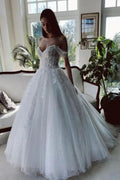 Vestido de novia NumberSea de tul, corte A, hombros descubiertos, cuentas y apliques de encaje, MW780