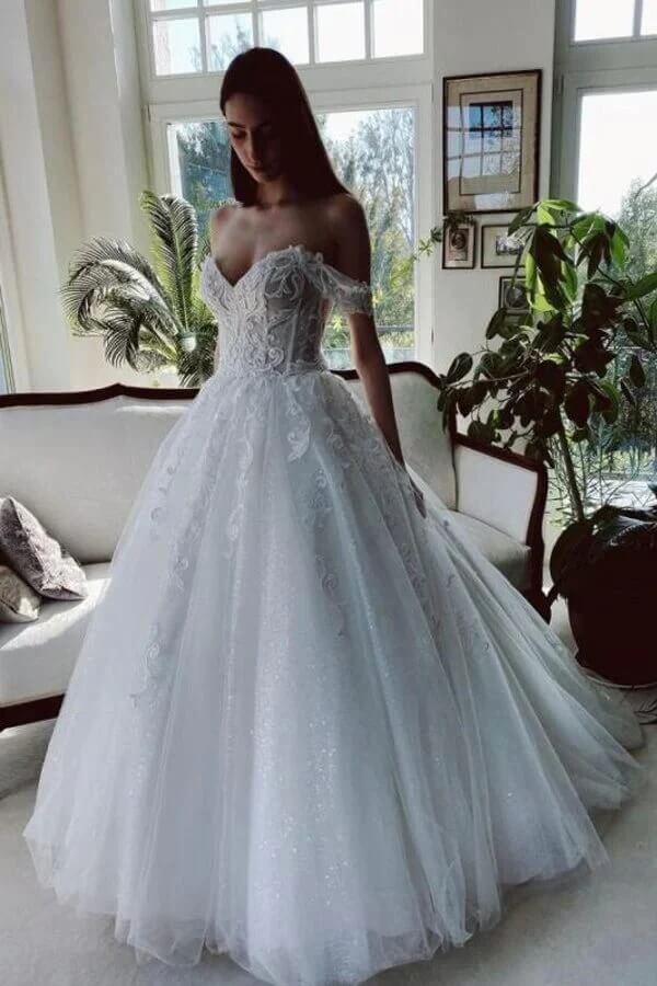 Vestido de novia NumberSea de tul, corte A, hombros descubiertos, cuentas y apliques de encaje, MW780
