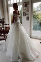 Vestido de novia rústico NumberSea de tul, corte A, hombros descubiertos, con apliques de encaje, MW1020