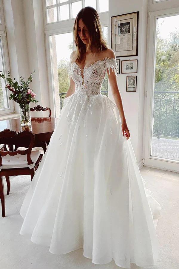Vestido de novia rústico NumberSea de tul, corte A, hombros descubiertos, con apliques de encaje, MW1020