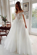 Vestido de novia rústico NumberSea de tul, corte A, hombros descubiertos, con apliques de encaje, MW1020