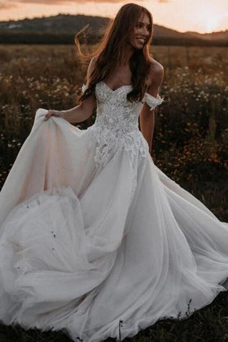 NumberSea Tulle A-line Off-the-Shoulder Wedding Dresses With Lace Appliques, MW833