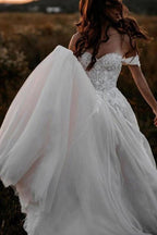 NumberSea Tulle A-line Off-the-Shoulder Wedding Dresses With Lace Appliques, MW833