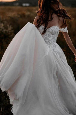 NumberSea Tulle A-line Off-the-Shoulder Wedding Dresses With Lace Appliques, MW833