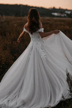 NumberSea Tulle A-line Off-the-Shoulder Wedding Dresses With Lace Appliques, MW833