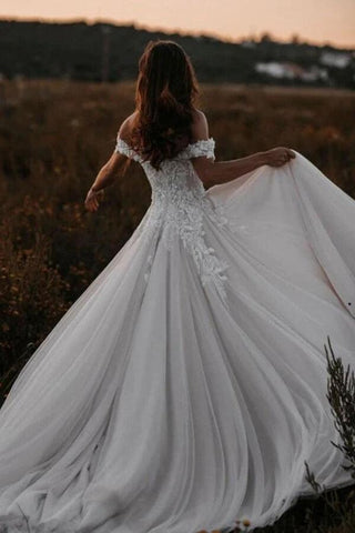 NumberSea Tulle A-line Off-the-Shoulder Wedding Dresses With Lace Appliques, MW833
