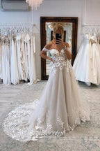 NumberSea Tulle A-line Off-the-Shoulder Wedding Dresses With Lace Appliques