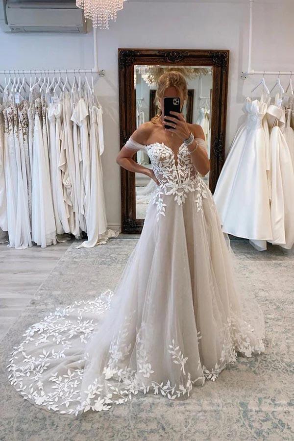 Vestido de novia NumberSea de tul, corte A, hombros descubiertos y apliques de encaje, MW912