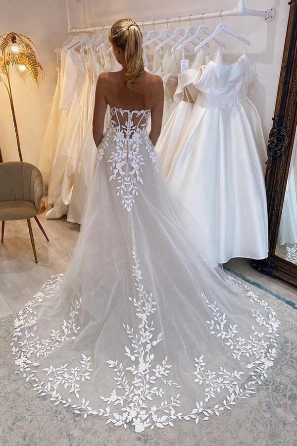 Vestido de novia NumberSea de tul, corte A, hombros descubiertos y apliques de encaje, MW912