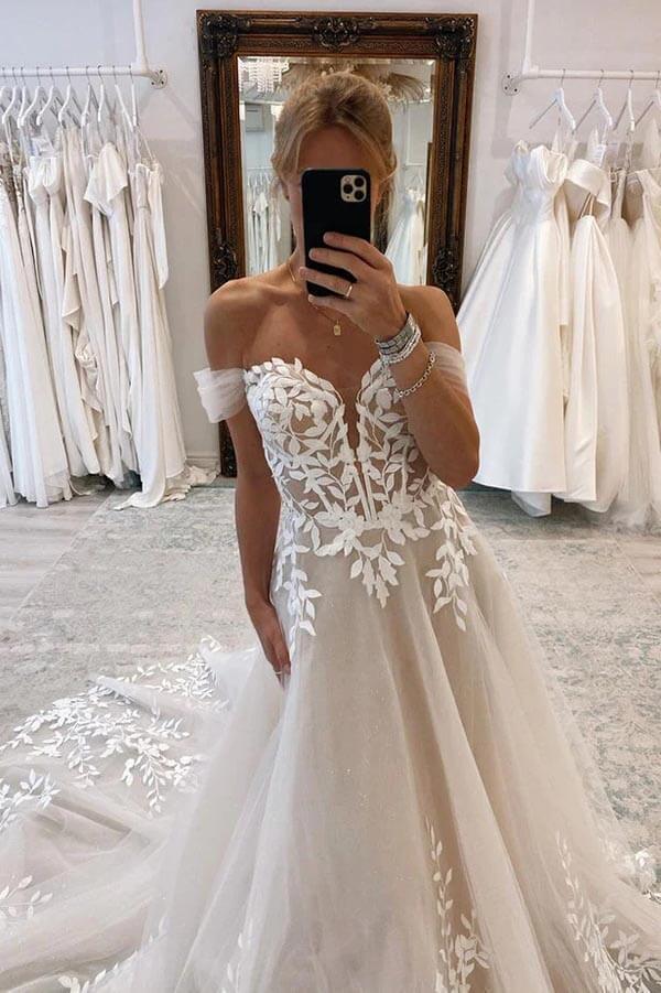 Vestido de novia NumberSea de tul, corte A, hombros descubiertos y apliques de encaje, MW912