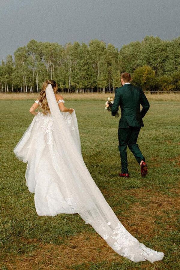 Vestido de novia NumberSea de tul, corte A, hombros descubiertos y apliques de encaje, MW915