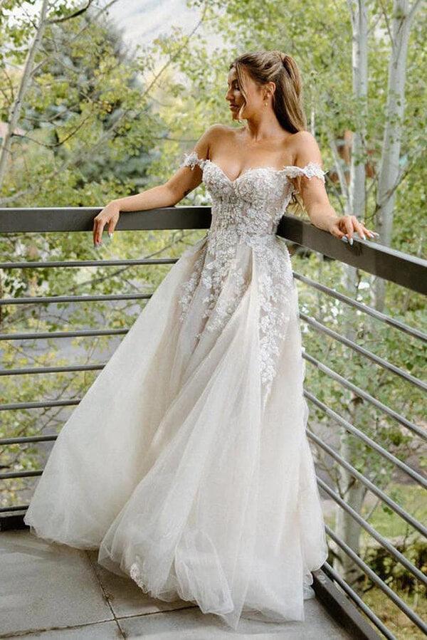 Vestido de novia NumberSea de tul, corte A, hombros descubiertos y apliques de encaje, MW915