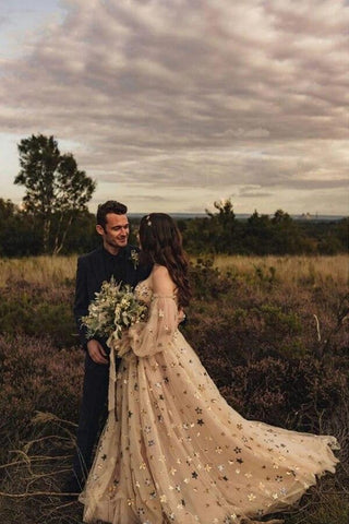 NumberSea Tulle A-line Puff Sleeves Sweetheart Sequins Sparkly Wedding Dresses, MW840