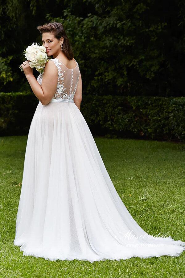Vestido de novia NumberSea de tul, corte A, escote redondo, apliques de encaje, talla grande, MW988