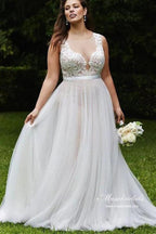 Vestido de novia NumberSea de tul, corte A, escote redondo, apliques de encaje, talla grande, MW988