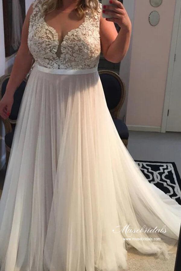 Vestido de novia NumberSea de tul, corte A, escote redondo, apliques de encaje, talla grande, MW988