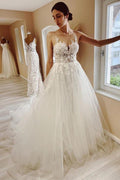 NumberSea Tulle A-line Sheer Neck Wedding Dress With Lace Appliques