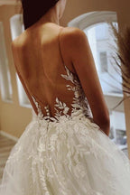 NumberSea Tulle A-line Sheer Neck Wedding Dress With Lace Appliques