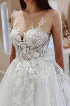 NumberSea Tulle A-line Sheer Neck Wedding Dress With Lace Appliques