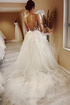 NumberSea Tulle A-line Sheer Neck Wedding Dress With Lace Appliques