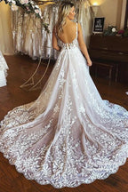 Vestido de novia NumberSea de tul, corte A, tirantes finos, espalda descubierta y apliques de encaje, MW905