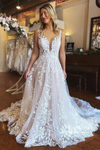 Vestido de novia NumberSea de tul, corte A, tirantes finos, espalda descubierta y apliques de encaje, MW905