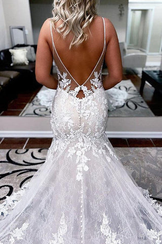 NumberSea Tulle A-line Spaghetti Straps Mermaid Wedding Dress With Lace Appliques, MW660