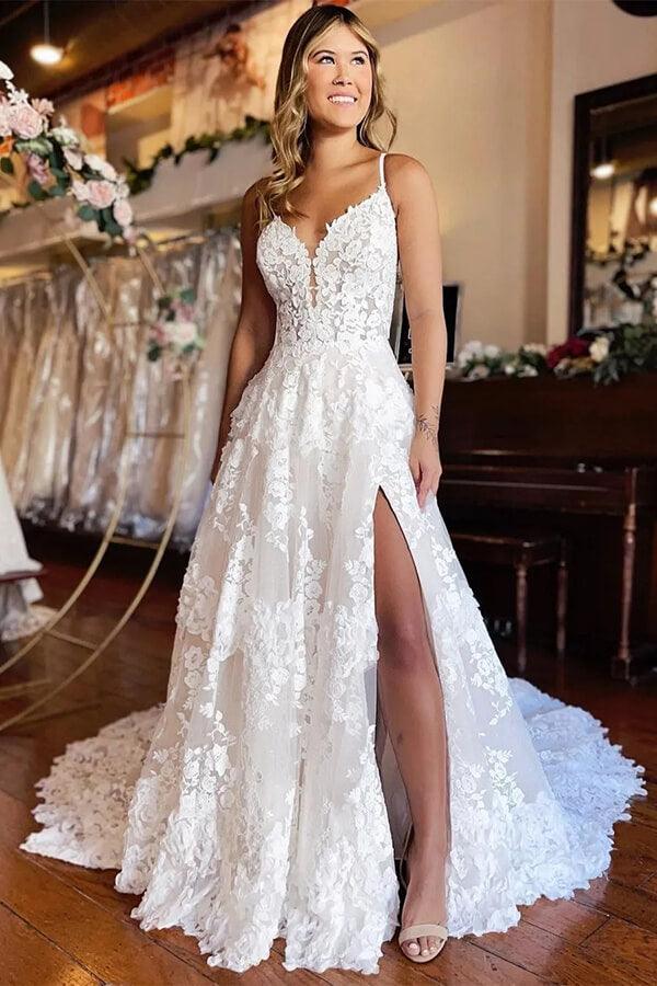 NumberSea Tulle A-line Spaghetti Straps Sweetheart Wedding Dresses With High Slit