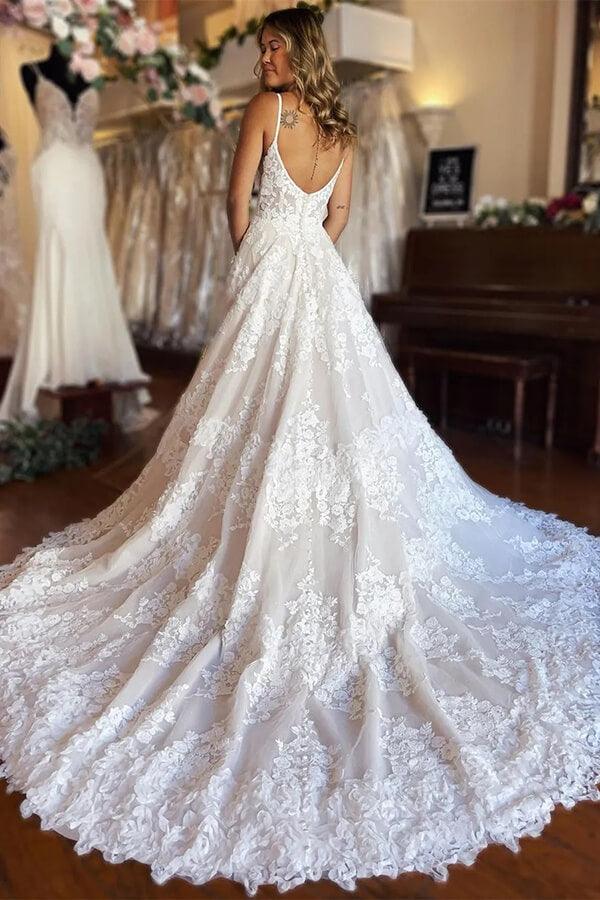 NumberSea Tulle A-line Spaghetti Straps Sweetheart Wedding Dresses With High Slit