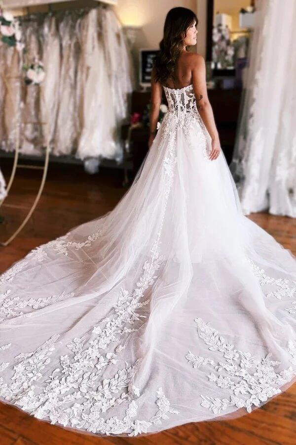 Vestido de novia de tul de corte princesa, sin tirantes, con apliques de encaje, de NumberSea, MW1016