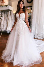 Vestido de novia de tul de corte princesa, sin tirantes, con apliques de encaje, de NumberSea, MW1016