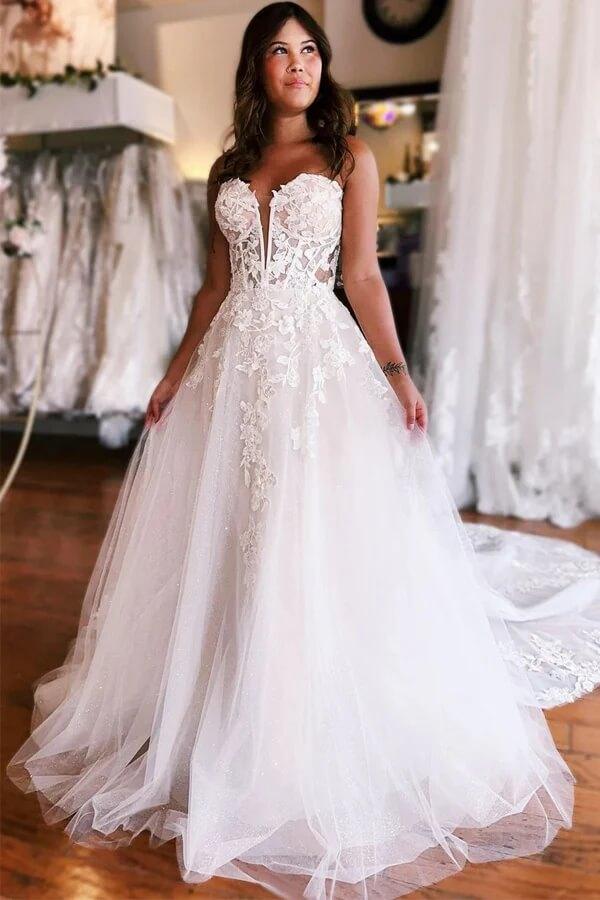 Vestido de novia de tul de corte princesa, sin tirantes, con apliques de encaje, de NumberSea, MW1016