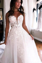 Vestido de novia de tul de corte princesa, sin tirantes, con apliques de encaje, de NumberSea, MW1016