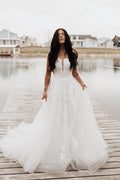 NumberSea Tulle A-line Strapless Wedding Dresses With Lace Appliques, Bridal Gown