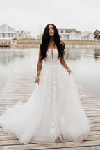 NumberSea Tulle A-line Strapless Wedding Dresses With Lace Appliques, Bridal Gown