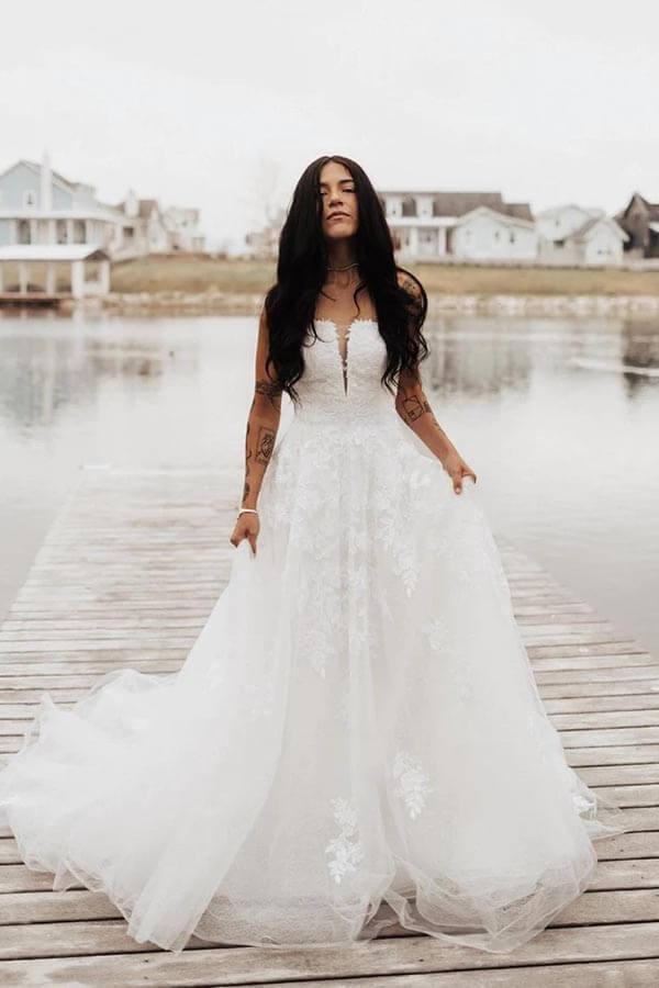 Vestido de novia NumberSea de tul, corte A, sin tirantes y con apliques de encaje, talla MW900