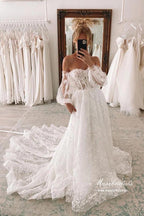 Vestido de novia NumberSea de tul, corte A, escote corazón y encaje con mangas desmontables, MW875