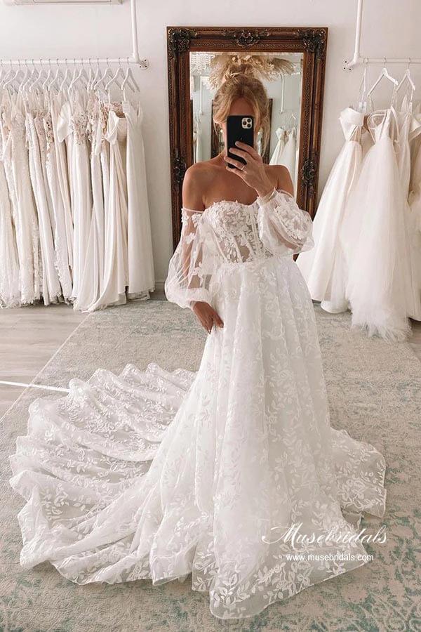 Vestido de novia NumberSea de tul, corte A, escote corazón y encaje con mangas desmontables, MW875