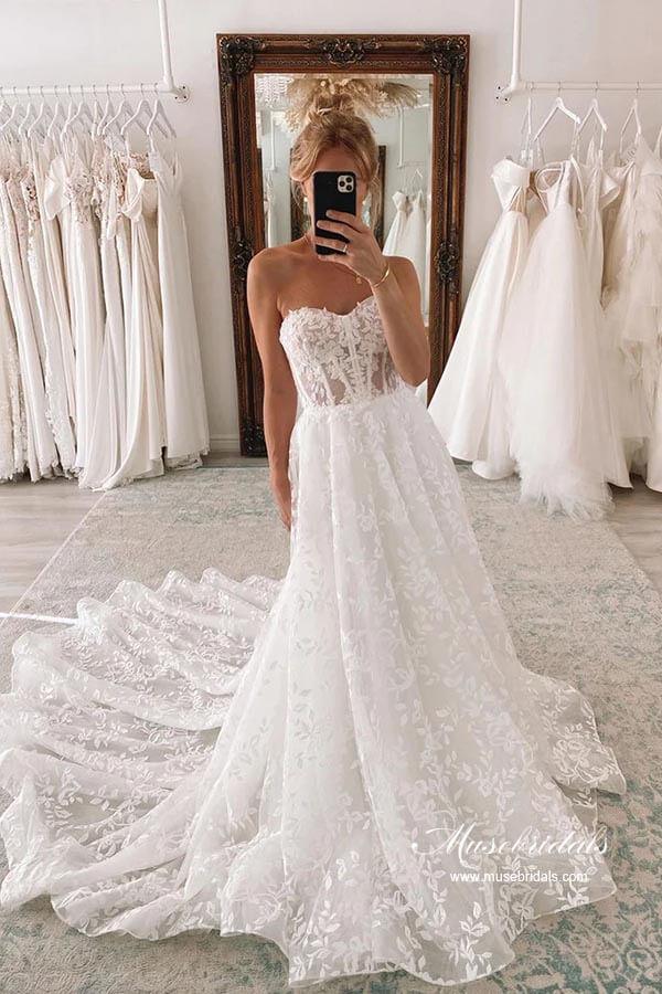 Vestido de novia NumberSea de tul, corte A, escote corazón y encaje con mangas desmontables, MW875