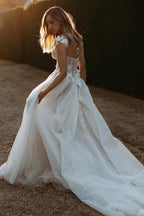 Vestido de novia playero NumberSea de tul, corte A, escote corazón y apliques de encaje, MW938