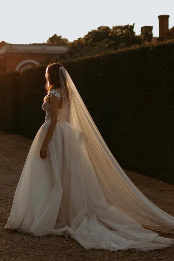 Vestido de novia playero NumberSea de tul, corte A, escote corazón y apliques de encaje, MW938