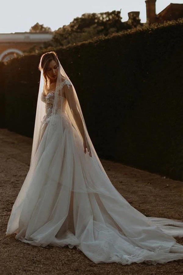 Vestido de novia playero NumberSea de tul, corte A, escote corazón y apliques de encaje, MW938