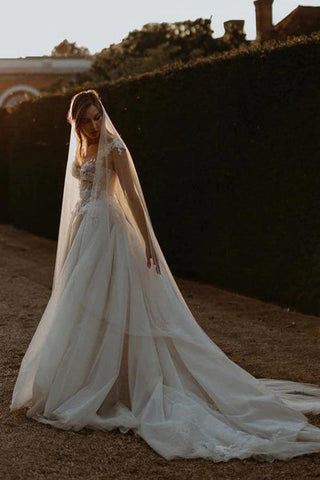 NumberSea Tulle A-line Sweetheart Neck Beach Wedding Dresses With Lace Appliques, MW938