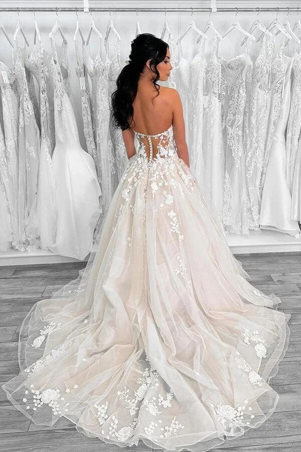 Vestido de novia NumberSea de tul, corte A, escote corazón, sin tirantes y con apliques de encaje, MW1004