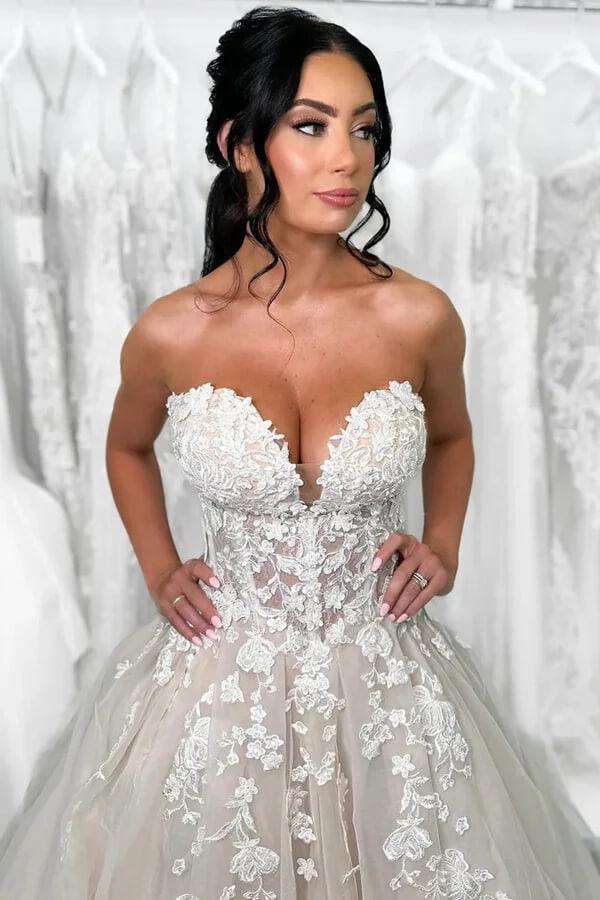 Vestido de novia NumberSea de tul, corte A, escote corazón, sin tirantes y con apliques de encaje, MW1004
