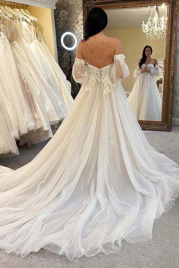 Vestido de novia NumberSea de tul, corte A, escote corazón y mangas globo, MW949