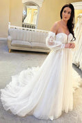 Vestido de novia NumberSea de tul, corte A, escote corazón y mangas globo, MW949