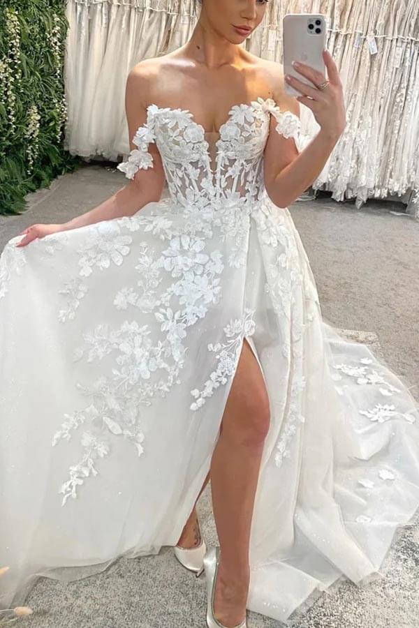 NumberSea A-Linien-Brautkleid aus Tüll mit Ausschnitt und freier Schulter und Spitzenapplikationen, MW1007