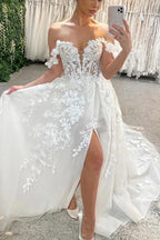NumberSea A-Linien-Brautkleid aus Tüll mit Ausschnitt und freier Schulter und Spitzenapplikationen, MW1007